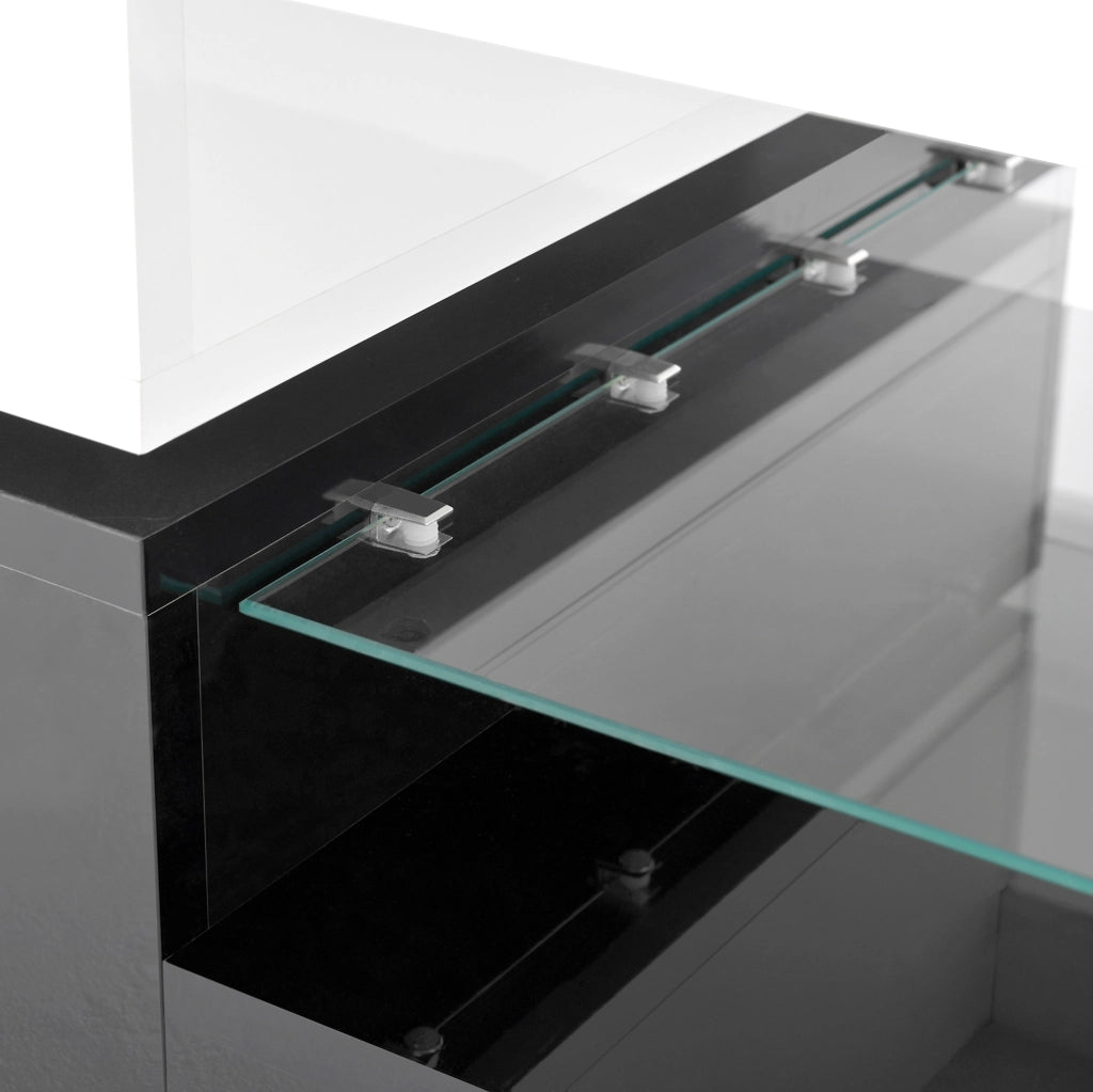 Tavolino da caffè 90x45x35;5 cm; LED con APP e Bluetooth; pannello truciolare; nero e bianco