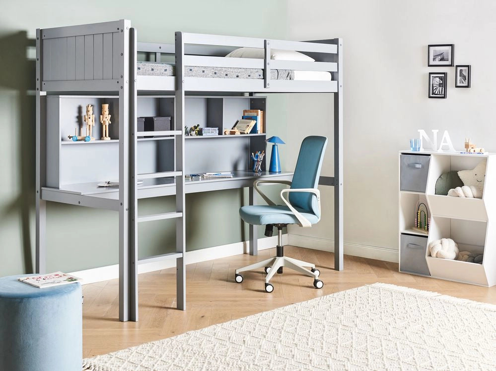 Letto alto per bambini Struttura in legno di pino grigio con scrivania e letto a soppalco Camera dei bambini e multifunzionale
