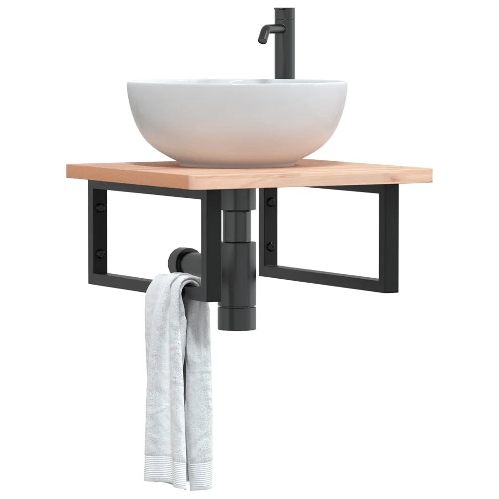 Ripiano a Parete per Lavabo-Mensole a Muro in Acciaio e Massello di Faggio 648630