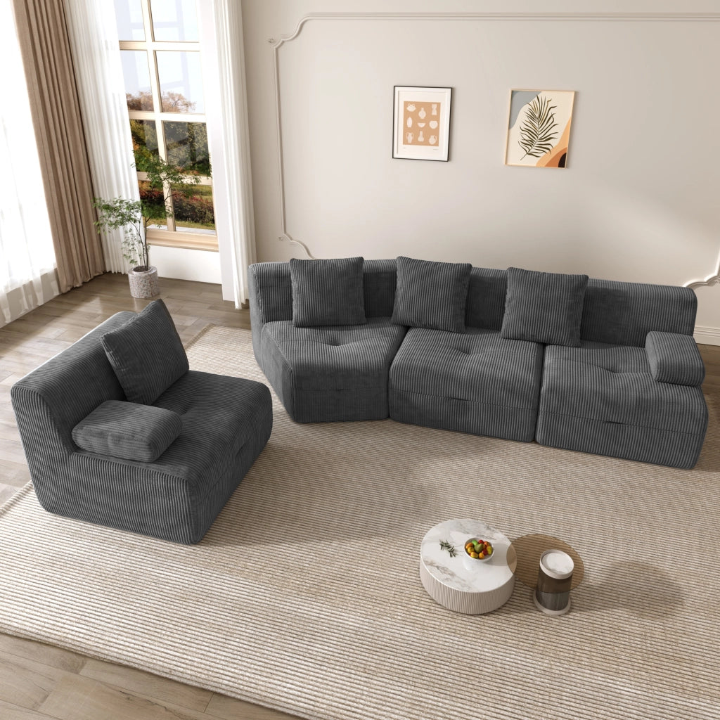 DIVANO Modulare 4 posti in velluto a coste 311x90x65 cm grigio scuro