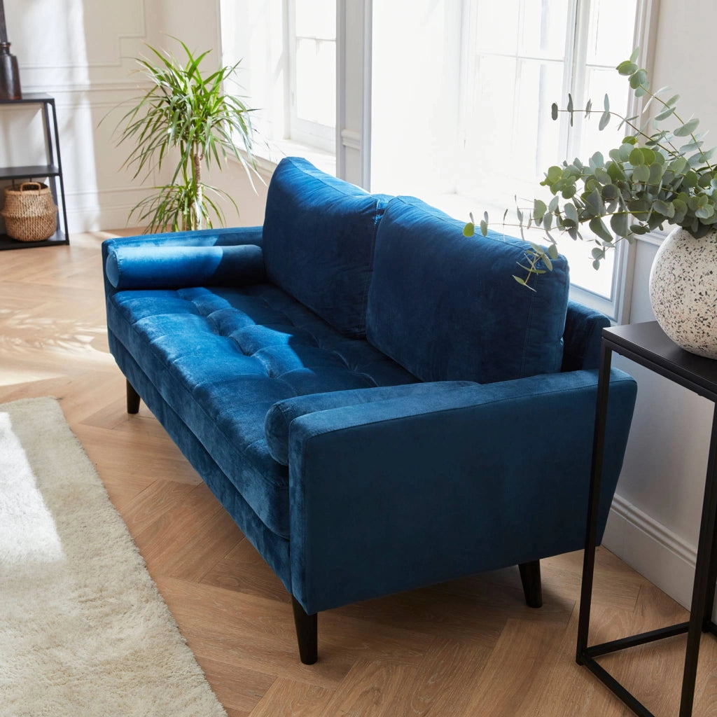 Divano con gambe in legno, 3 posti, blu navy