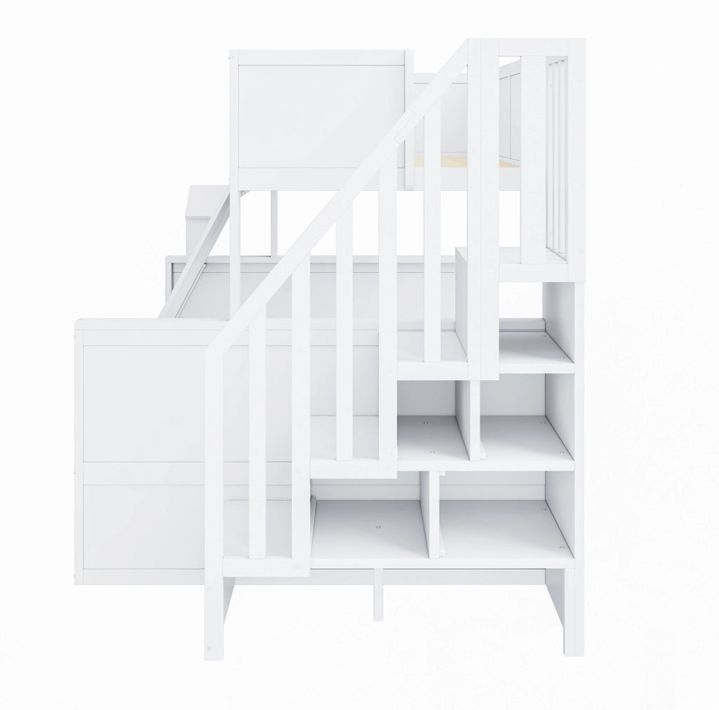 Letto a castello per bambini con scala contenitore e cassetti; 90x200/140x200 cm; bianco