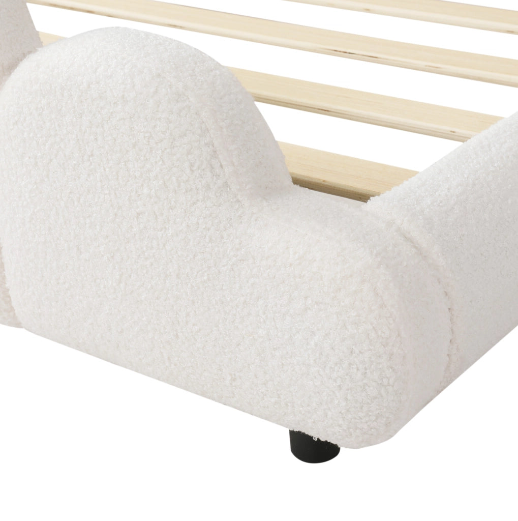 Letto singolo imbottito 90x200 cm in bouclé beige; con rete a doghe e angoli arrotondati