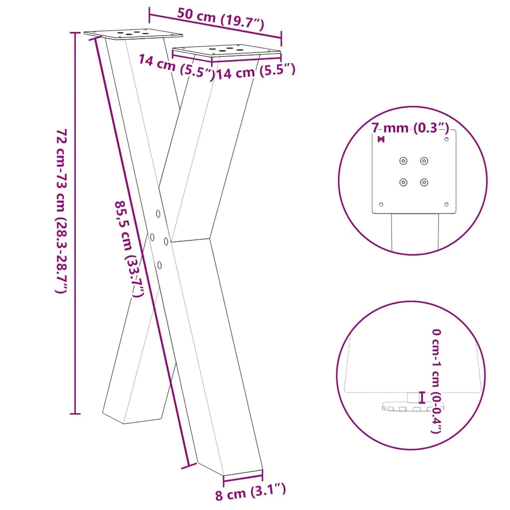 Set di 2 gambe robuste per tavolo da pranzo a forma di X 50 x 73 cm con piedini livellatori design moderno acciaio naturale 02_0057243