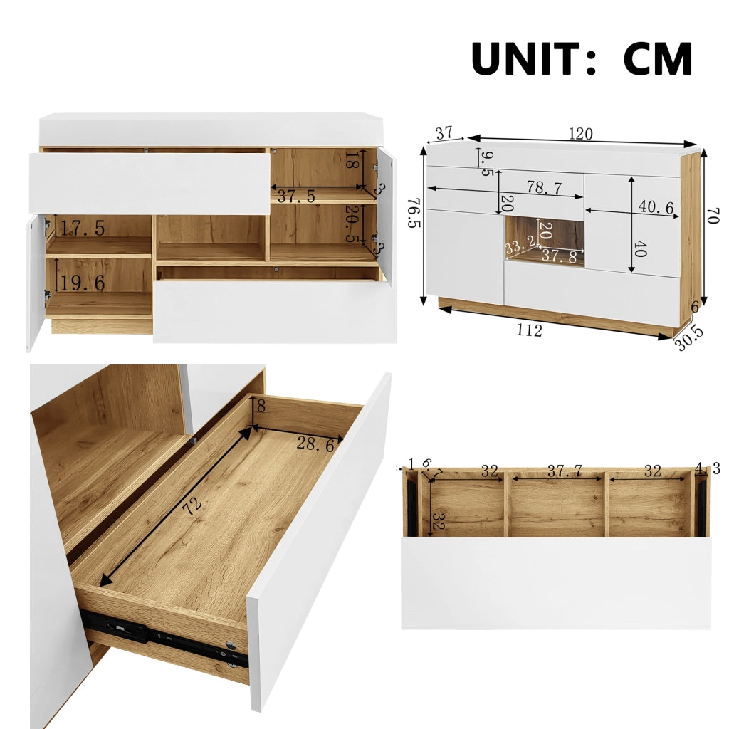 Sideboard moderno bianco lucido con LED RGB, 2 cassetti, 2 ante e vano aperto