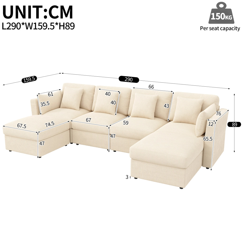 Divano angolare modulare con braccioli regolabili e 2 pouf mobili in tessuto a coste beige 290 × 159,5 × 89 cm