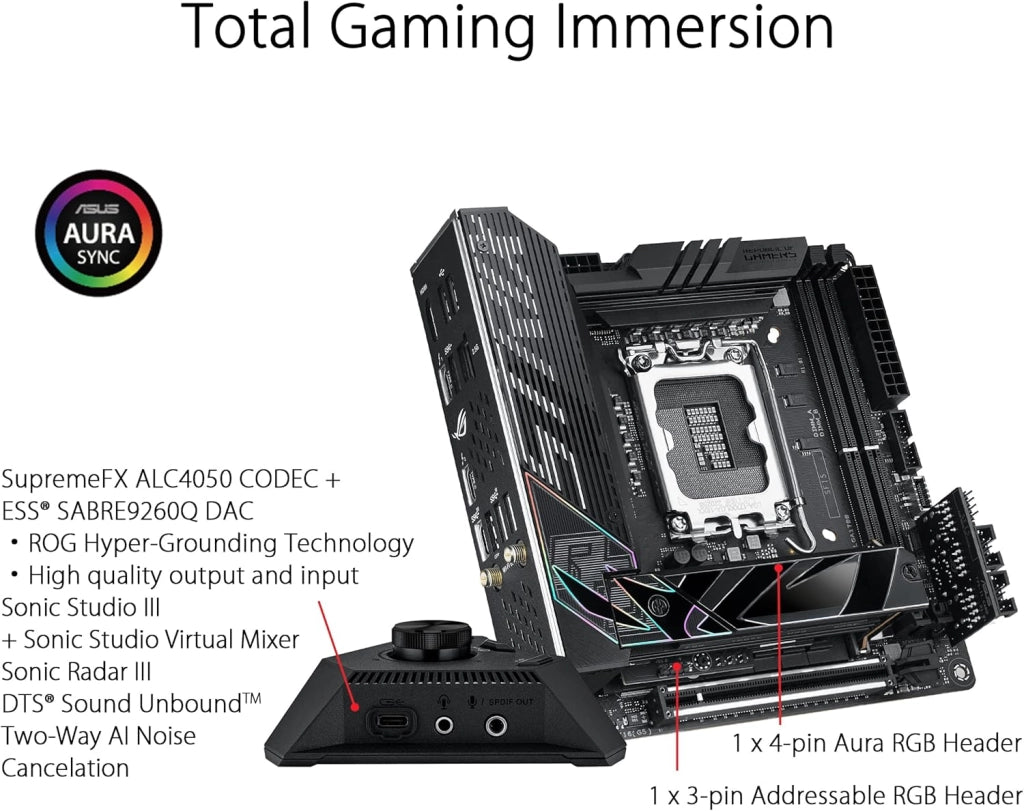 ROG STRIX Z790-I GAMING WIFI Scheda Madre Gaming Mini-ITX, Intel Z790, LGA1700, DDR5, PCI 5.0, WiFi 6E (802.11ax), Intel 2.5Gb Ethernet, 2xM.2, 2xSATA 6GB/s, Aura Sync RGB, Nero