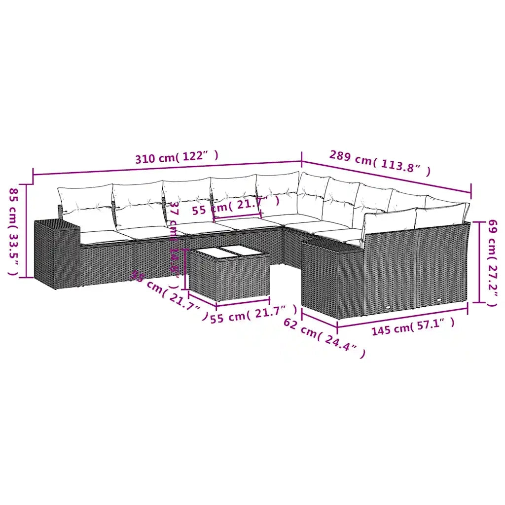Set Divani da Giardino 11 pz con Cuscini Nero in Polyrattan 3223116
