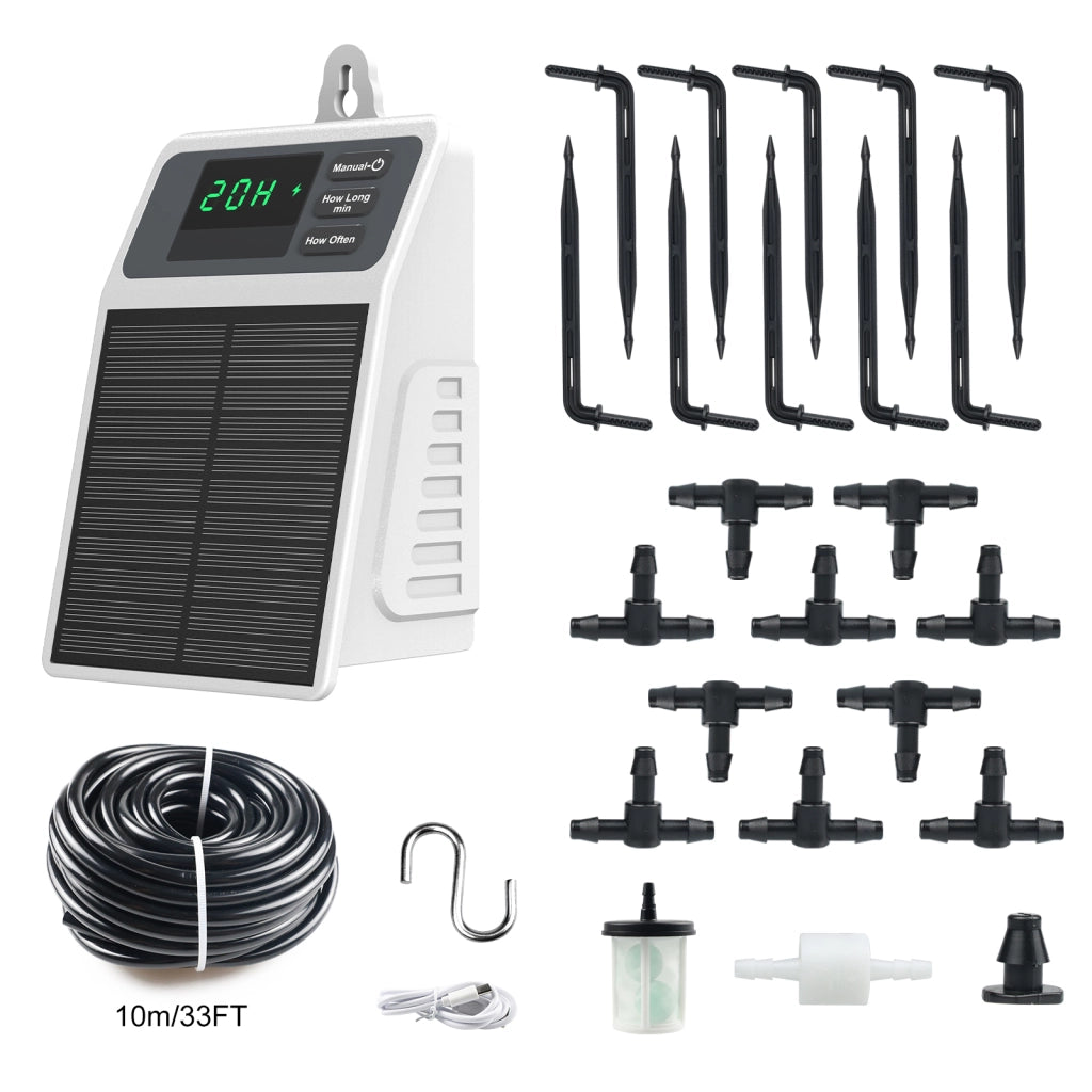 Kit irrigazione automatica solare programmabile per 10 piante in vaso batteria 2200mAh impermeabile IPX5 tubo resistente ai raggi UV Bianco