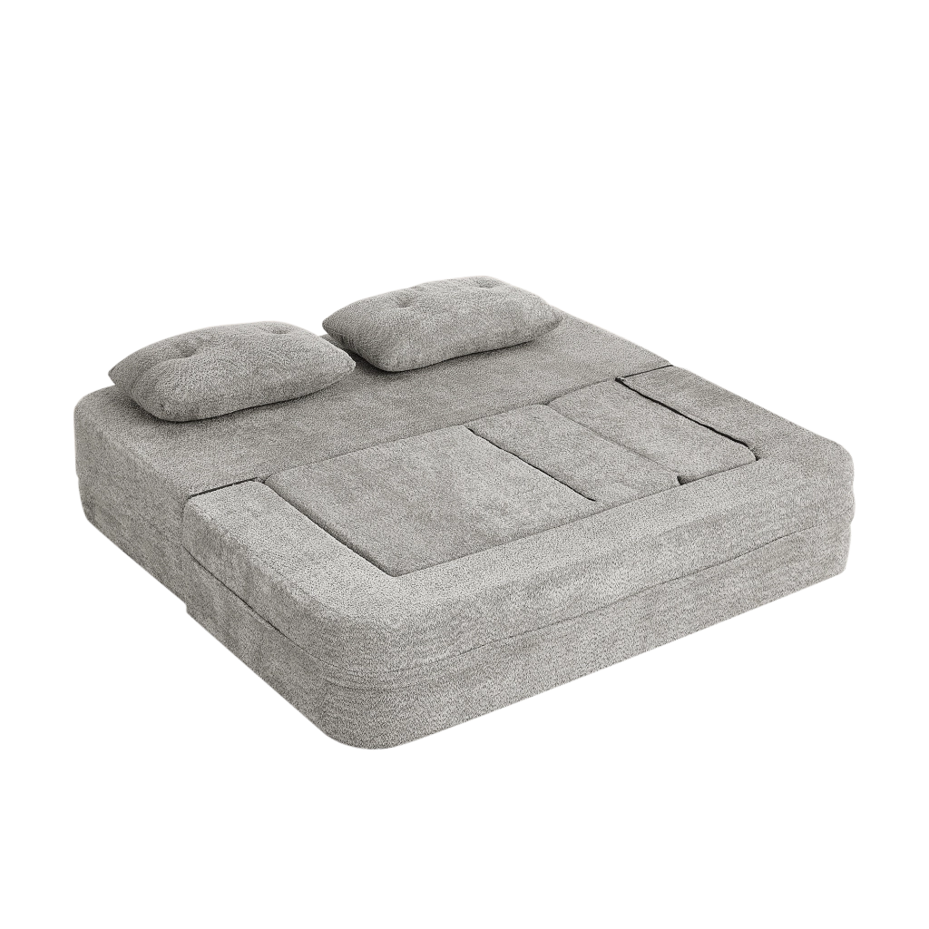 Divano modulare 2 posti con poltrona; funzione letto e tasche laterali in tessuto grigio chiaro 199×194×39 cm