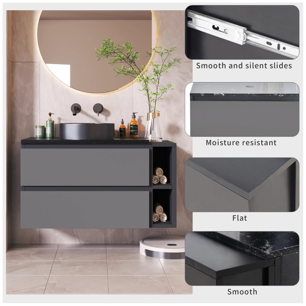 Mobile sottolavabo con cassetti e vano aperto; lavabo rotondo in ceramica; per bagno; in MDF; nero e grigio