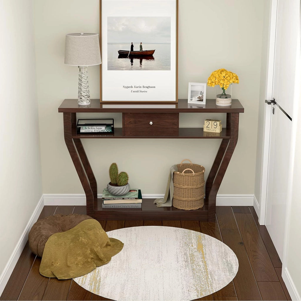 Tavolo Consolle Legno, a 3 Ripiani, Stretto e Compatto, Cassetto con Manico, Console per Soggiorno, Salotto, Ingresso, Portata di 60 kg, 120x30x81cm, 3 Colori (Marrone)