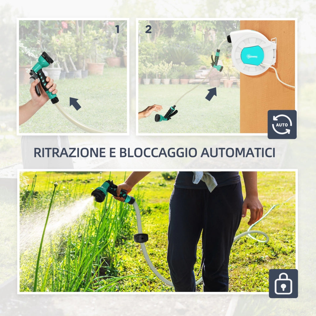 Avvolgitubo da Giardino Retrattile con Tubo 25+2 m e 7 Getti ¨C zephmum ¨C Verde e Grigio Chiaro
