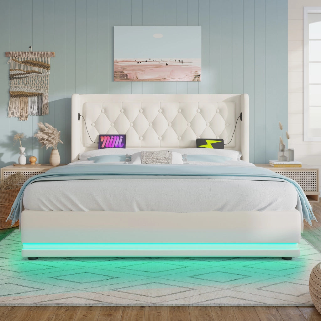 LETTO contenitore 160x200 cm bianco PU con USB Type-C e LED
