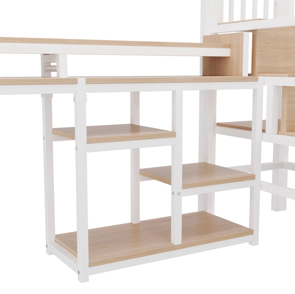 Letto a soppalco con scala contenitore, LED e ricarica USB, bianco
