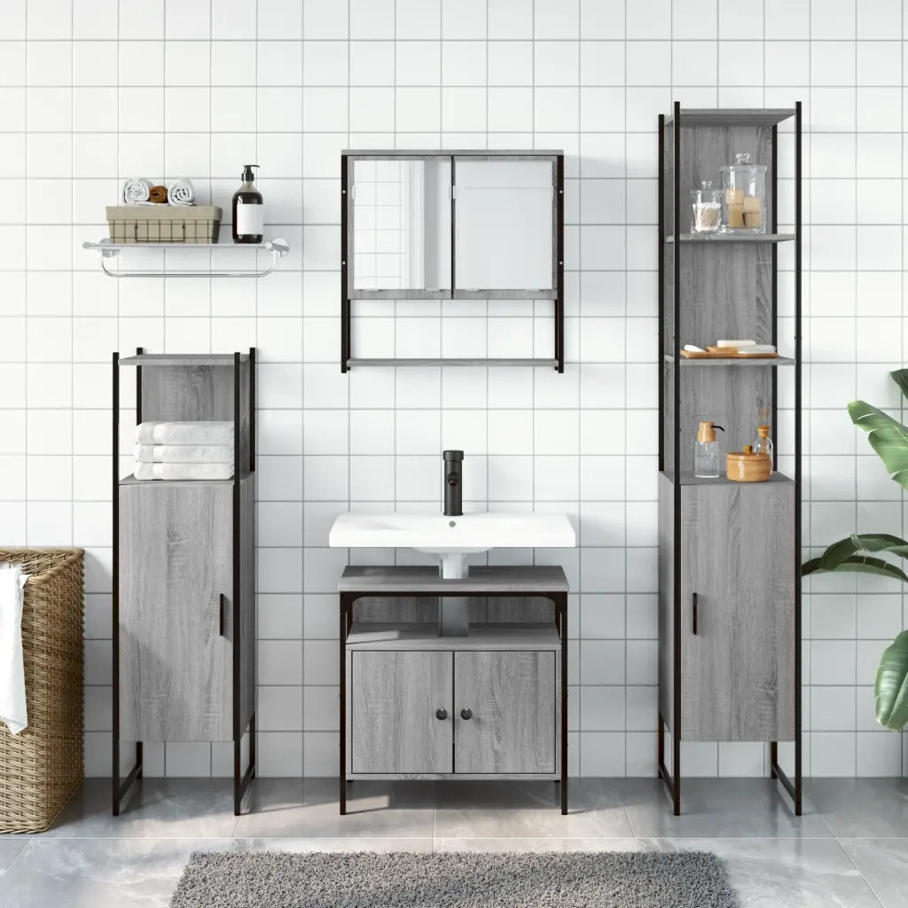 Set Mobili da Bagno | Armadio da bagno 4 pz Grigio Sonoma in Legno Multistrato