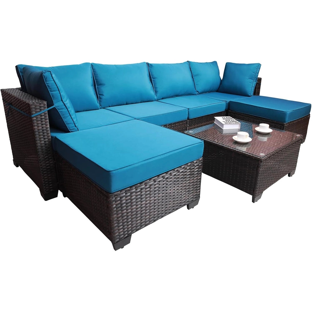Set Patio Divano Modulabile da Esterno in Polyrattan con Cuscini Blu da Giardino