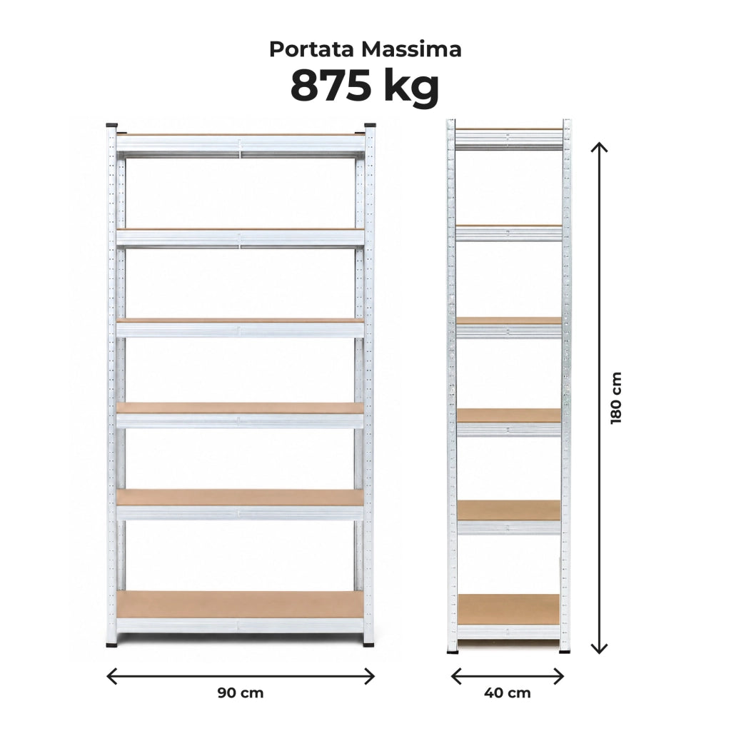Set 2 Scaffali Metallici Modulari 180x90x40 cm 6 Ripiani in MDF Portata 875 kg Totali Montaggio ad Incastro Scaffalatura Garage Cantina Magazzino Officina Grigio