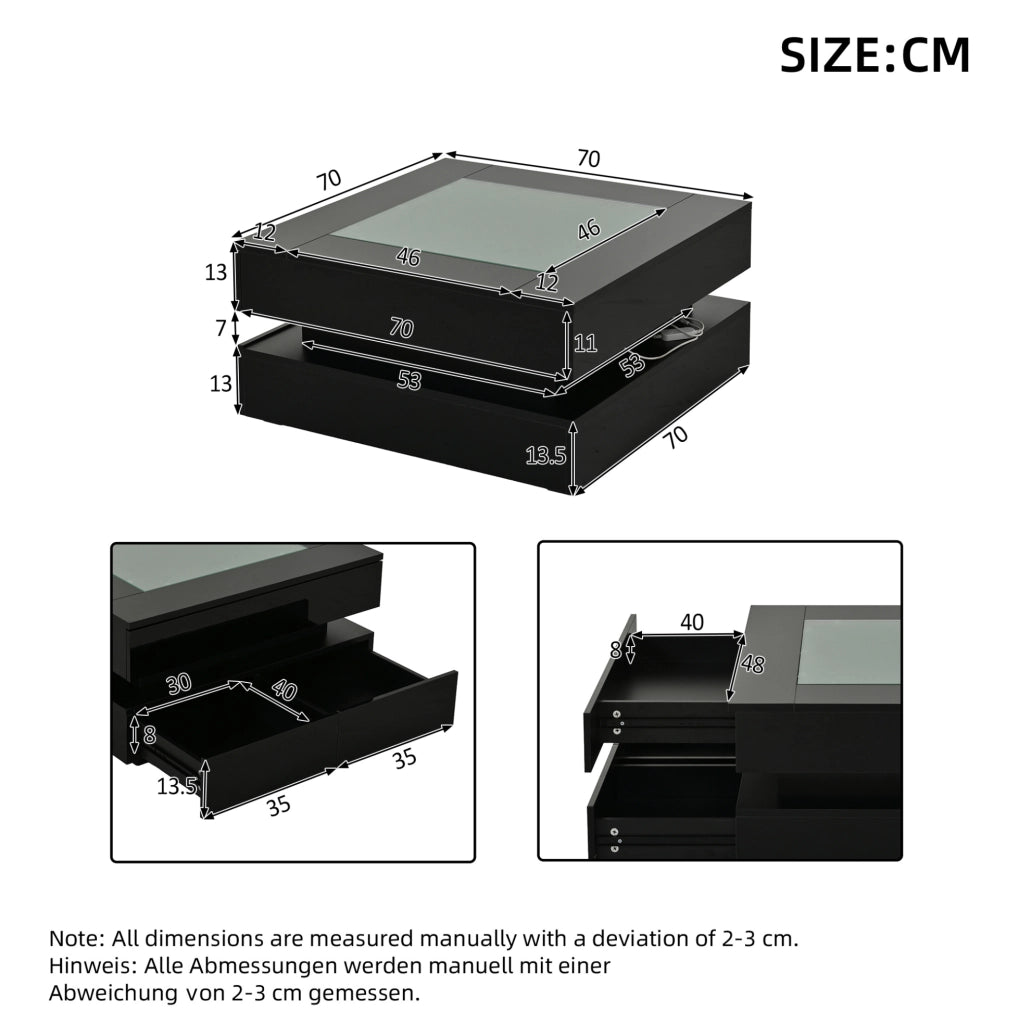 Tavolino da salotto quadrato 70 x 70 x 35 cm con 3 cassetti; vetro temperato e LED; nero