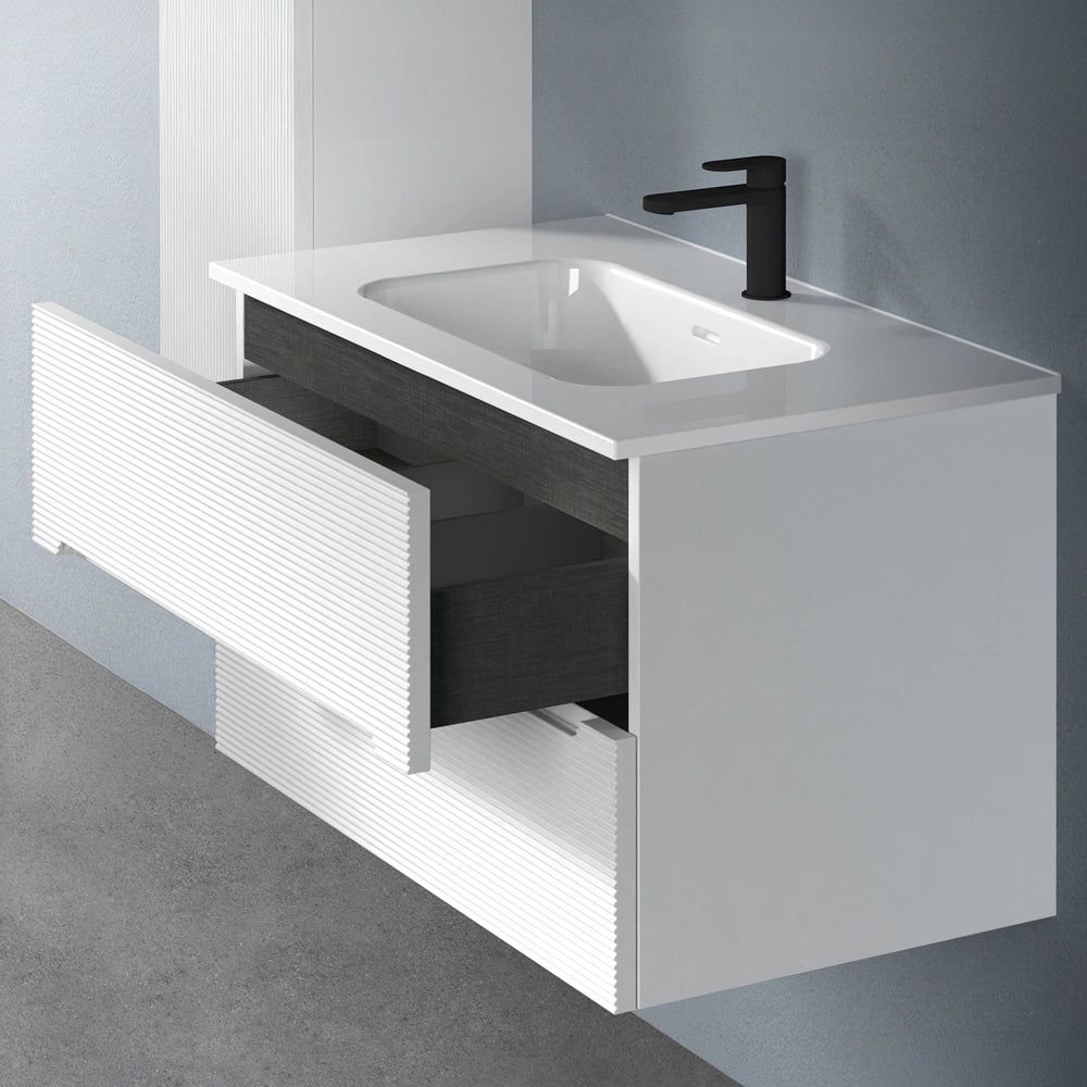 Mobile bagno sospeso 100 bianco cannettato 2 cassetti lavabo e specchio Rigo