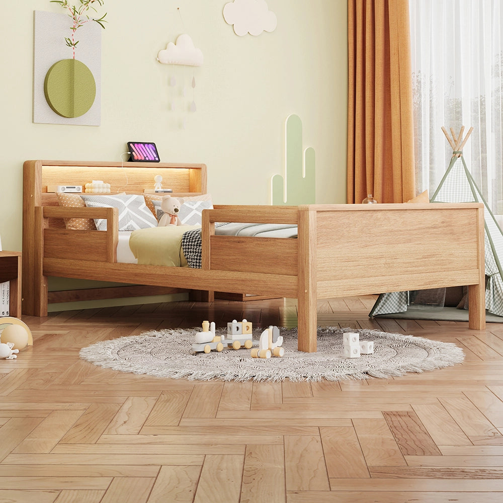 Letto bambino-Xylo-90x200 cm-USB-C, LED, testiera contenitore, legno pino