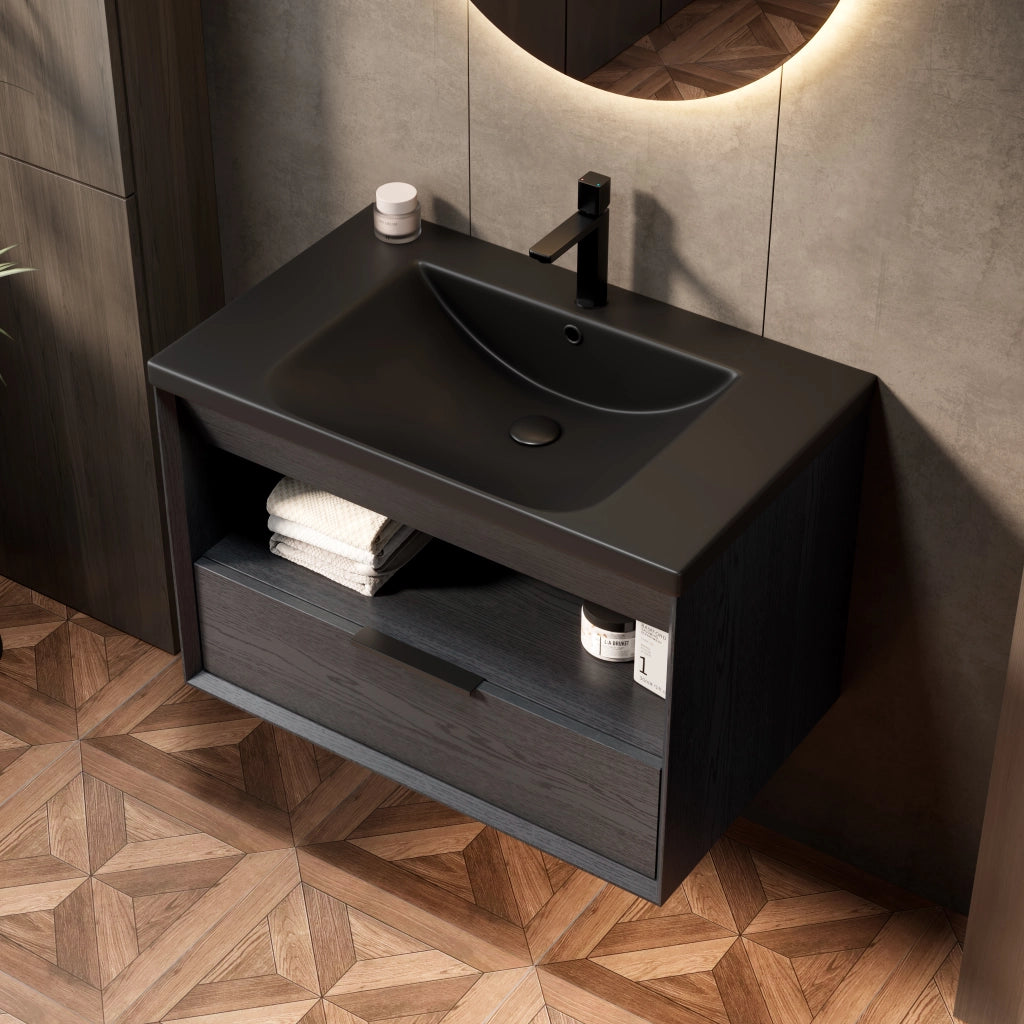 Mobile sottolavabo con lavabo integrato in ceramica, 1 cassetto e 1 vano aperto, per bagno, nero rovere scuro