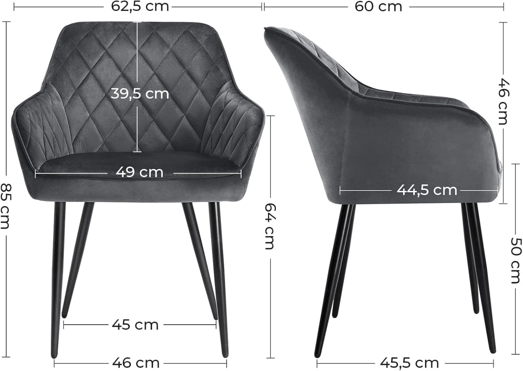 SONGMICS Set di 2 Sedie da Pranzo, Poltroncine, Sedie Imbottite con Braccioli, Sedile Ampio 49 cm, Gambe in Metallo, Fodera in Velluto, Portata 110 kg, Salotto Camera Studio, Grigio LDC088G02