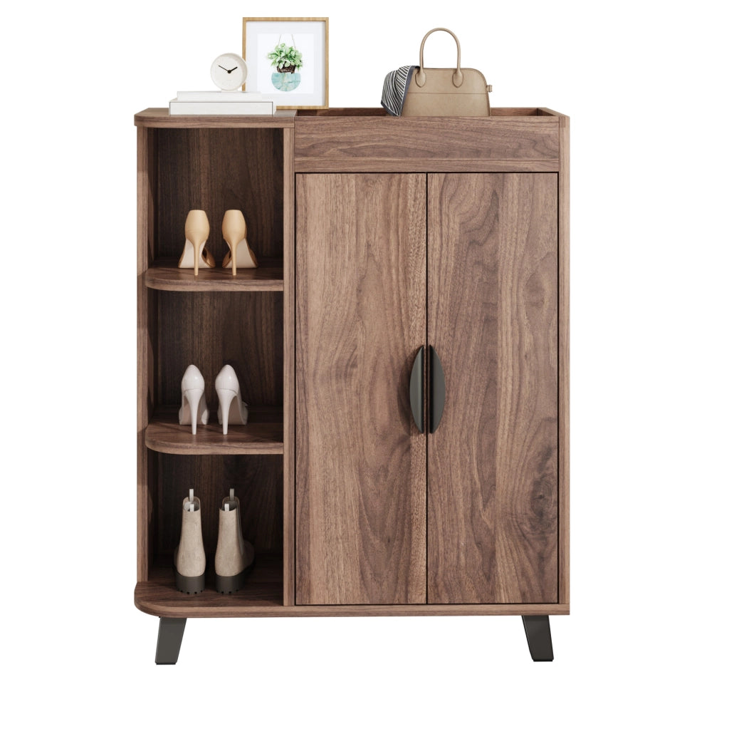 Scarpiera 80x32x99 cm salvaspazio con scomparti aperti e armadietto in pannello truciolare noce
