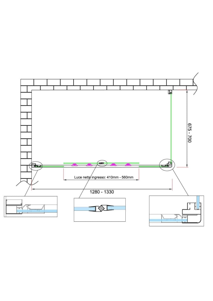 Box doccia 6 mm H 190 parete fissa e porta a 4 ante con apertura centrale MISURA 67,5-70 ANTA FISSA + PORTA 128-133