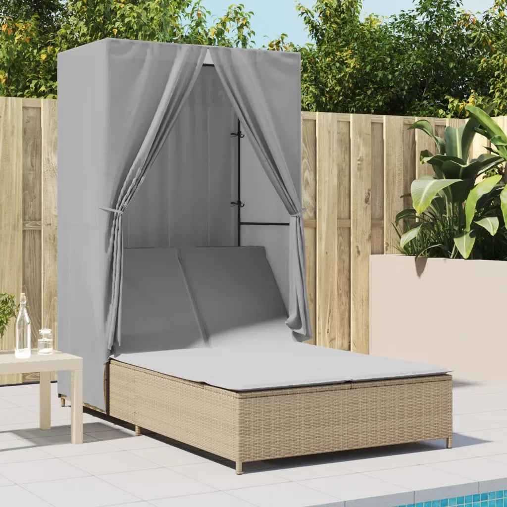 Lettino Prendisole | Sdraio da giardino | Lettino da sole con Tetto e Tende Beige in Polyrattan