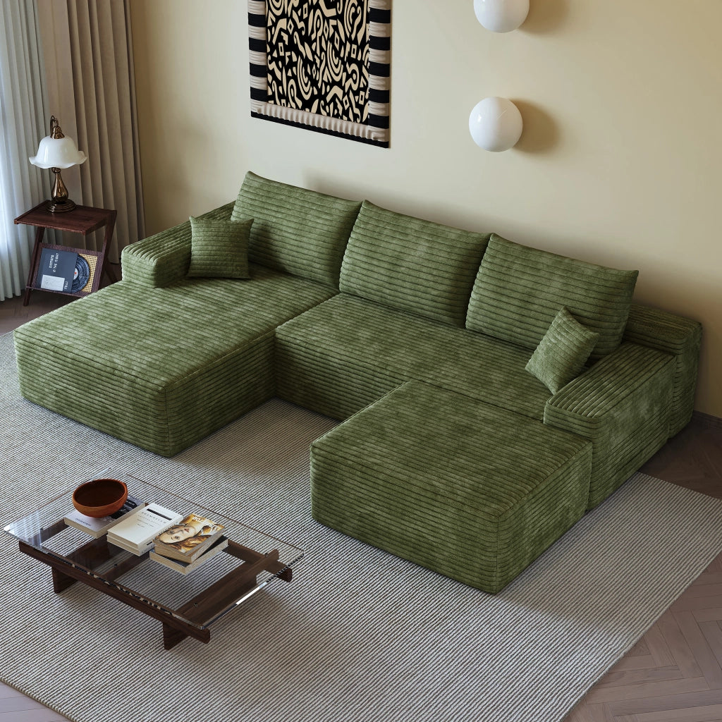 Divano angolare modulare con chaise longue a L in tessuto a coste, schiuma ad alta elasticità, verde per soggiorno