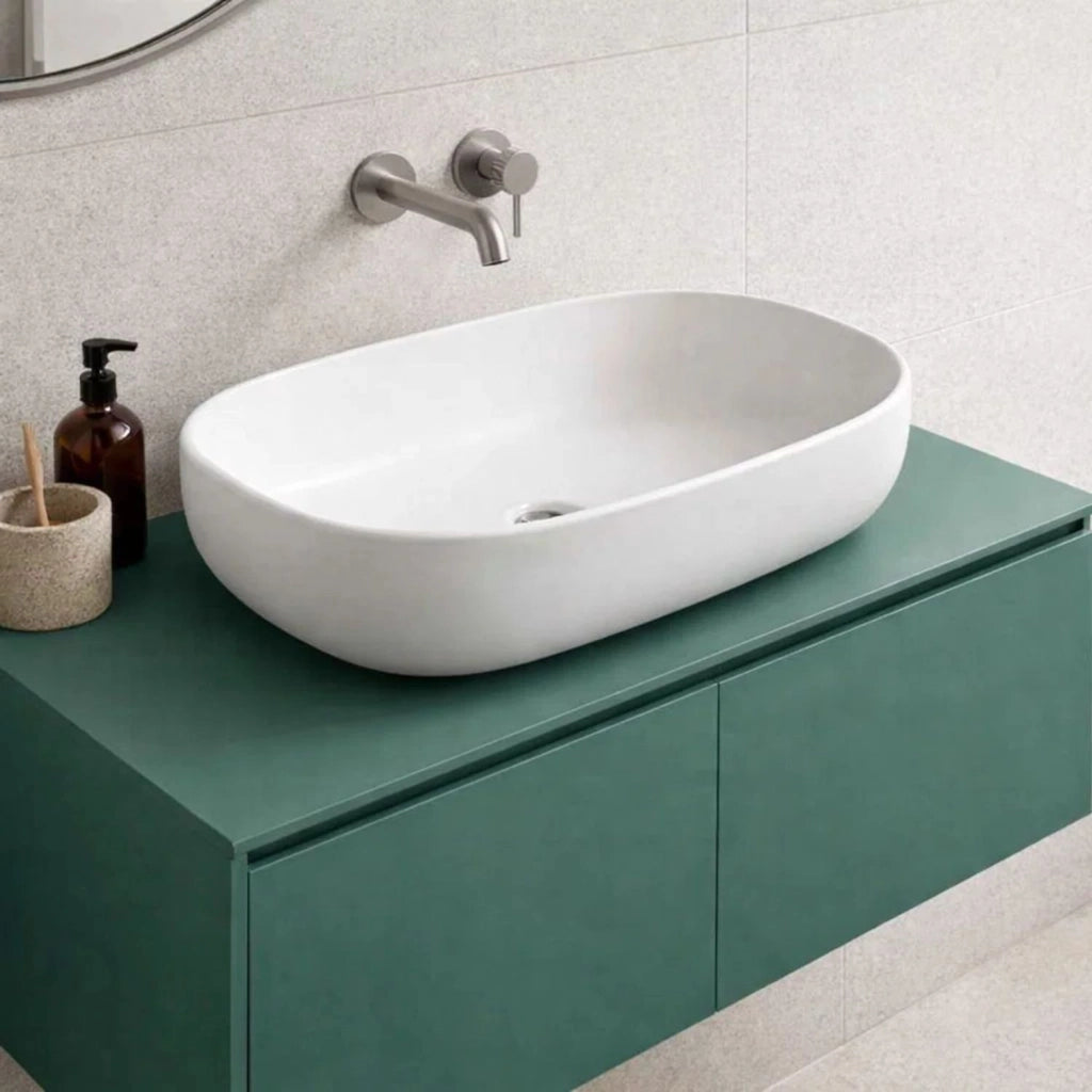 Lavabo da appoggio ceramica bianco ovale arredo bagno lavandino 60x40x15 cm *** finitura- opaco, confezione 1