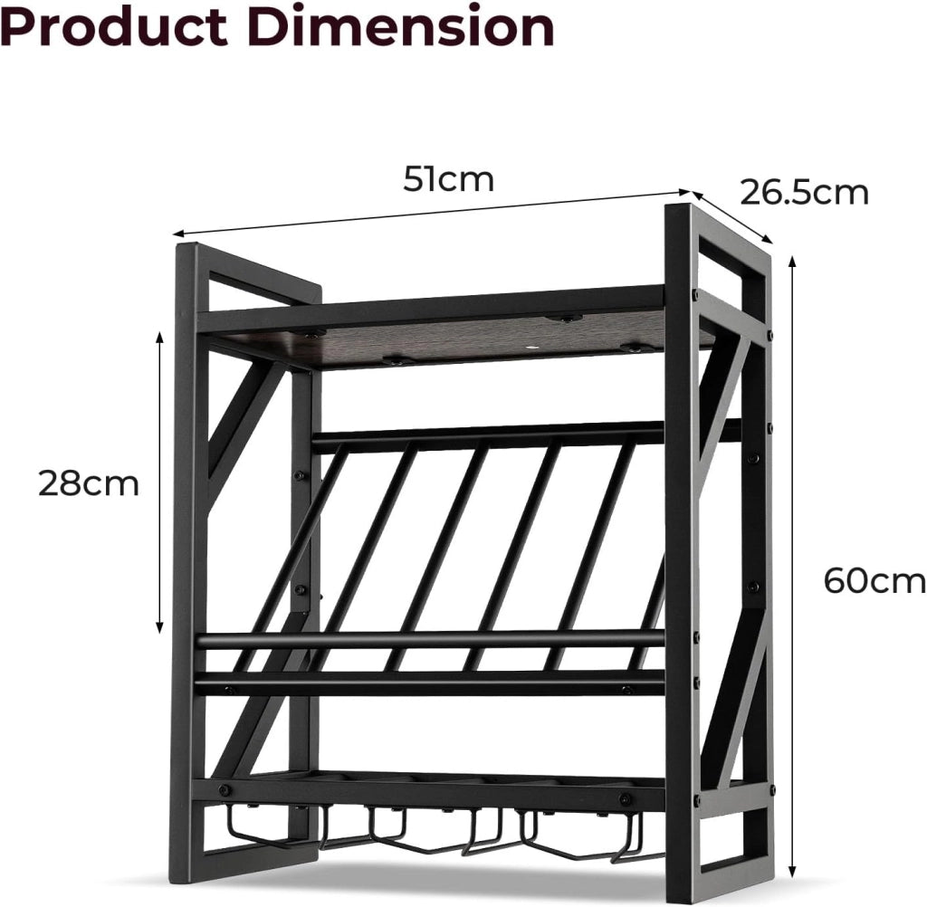 Cantinetta a Parete, Scaffale Vino Decorativo con Portacalici per Coppe, Supporto per Bottiglie Appendibile, 20 kg di Carico per Strato, per Cucina, Cantina, Bar (51 x 26,5 x 60 cm)