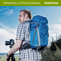 Mantona Elements Outdoor Zaino blu 2in1 per fotocamera e trekking, borsa fotografica con scomparti imbottiti per DSLR, drone, con supporto treppiede e copertura antipioggia