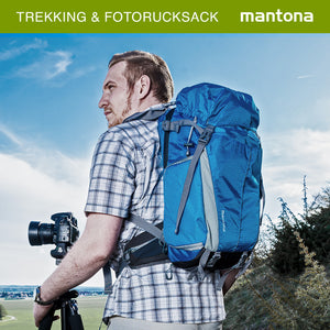 Mantona Elements Outdoor Zaino blu 2in1 per fotocamera e trekking, borsa fotografica con scomparti imbottiti per DSLR, drone, con supporto treppiede e copertura antipioggia