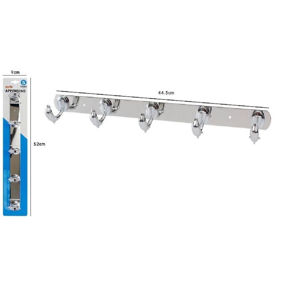 Trade Shop - Appendino Con 5 Ganci A Delfino Parete Multiuso Acciaio Viti 45 X 7.5 Cm 52180 -