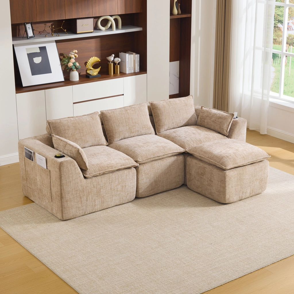 Divano modulare 3 posti con pouf; cuscini e tasche laterali; in chenille khaki