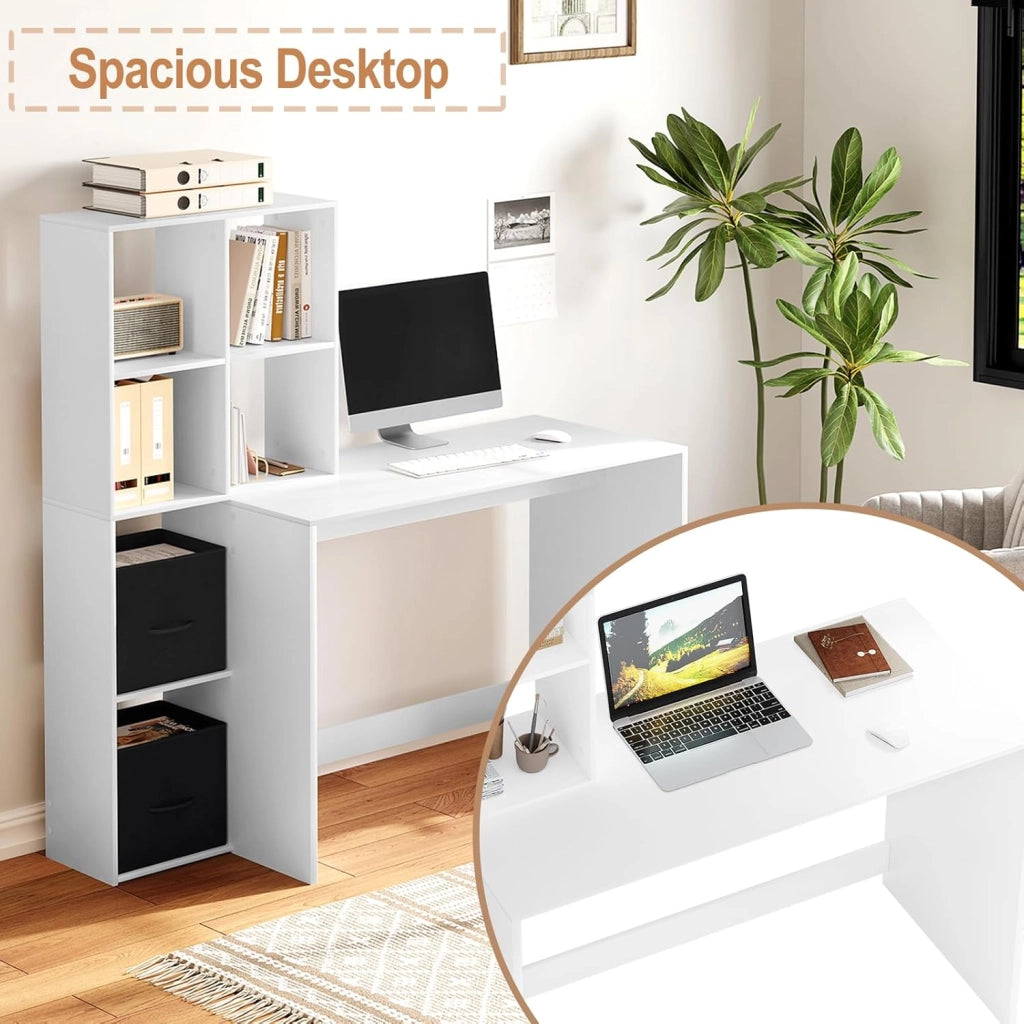 Scrivania Ufficio Compatta con Libreria Integrata, Bianco Lucido, Design Salvaspazio per Studio/Camera, 140x50x134 cm