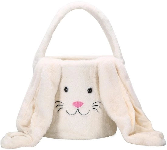 Borsa da uovo pasquale per bambini, borsa con forma di coniglio con orecchie lunghe e pelose, carrello per la caccia alle uova, dolci e regali (bianco)