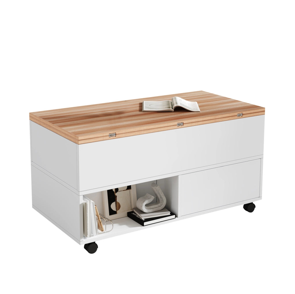 Tavolino da caffè 100x50x52 cm con piano sollevabile; 4 cassetti; ruote; truciolare bianco e naturale