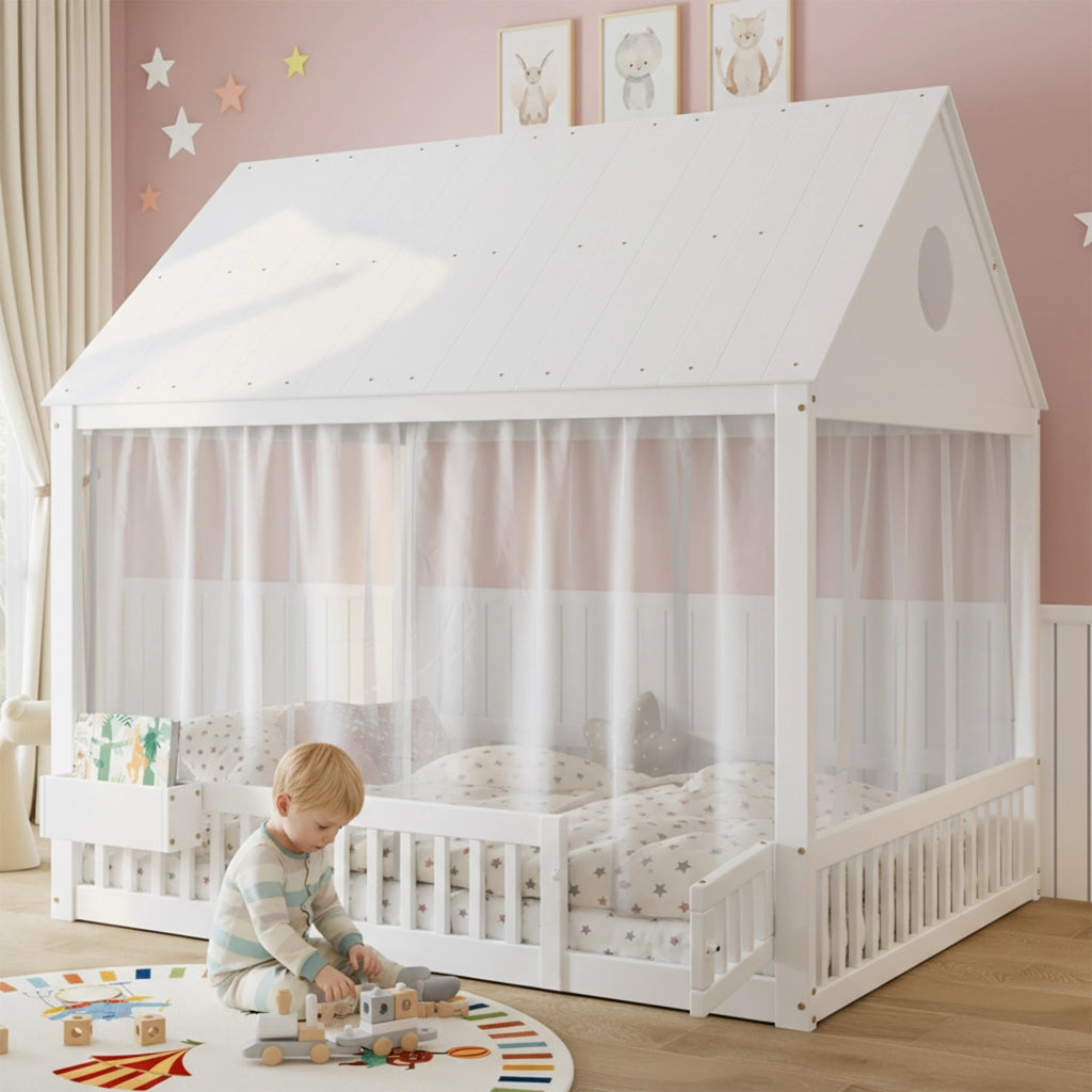 Letto Casetta 140x200 cm; Letto Singolo - Vano Contenitore e Tende - Legno - Bianco