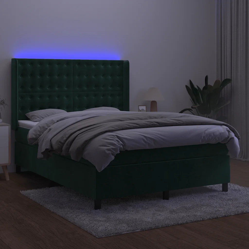 Letto a Molle con Materasso e LED Verde Scuro 140x190cm Velluto 3139802