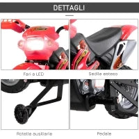 Moto Elettrica per Bambini 3-6 Anni in Plastica PP con Ruote di Supporto, Fari e Musica, 102x53x66 cm, Rosso e Nero