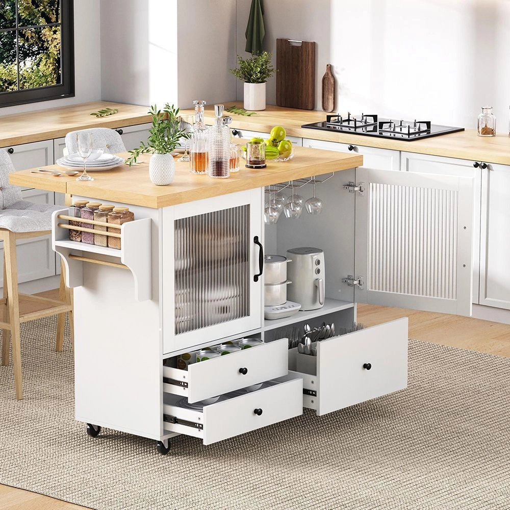 ?lot di cucina mobile con ruote e tavolo allungabile - Xylo - Portabottiglie e spazio di archiviazione, ideale per cucina e sala da pranzo (bianco)