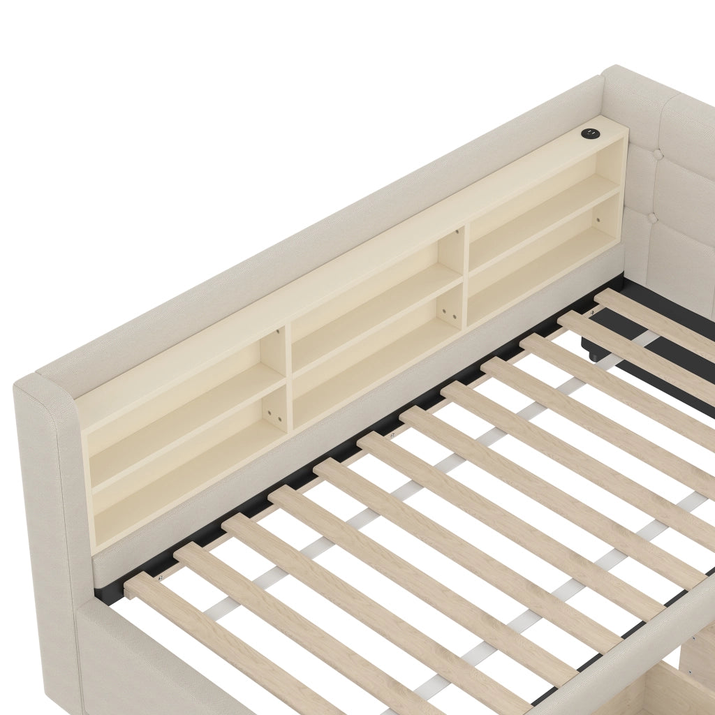 OKWISH Letto Divano 90×200 cm, Letto Singolo con 2 Cassetti, USB, Tipo C e Mensole, senza Materasso, in Lino, Beige