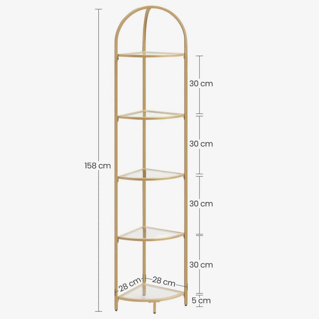 Mensola angolare a 5 ripiani libreria con struttura in metallo mensola portaoggetti in vetro temperato antiruggine per soggiorno camera da letto cucina bagno moderna 158 cm oro 12_0003487