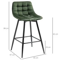 Set 2 Sgabelli da Bar con Schienale e Poggiapiedi Stile Nordico in Metallo e Velluto, Verde, 45x47x84cm