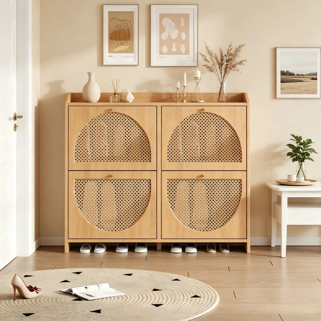 Scarpiera con 4 ante ribaltabili 8 vani e 2 ganci per ingresso in MDF finitura naturale moderna 120 × 24 × 90 cm