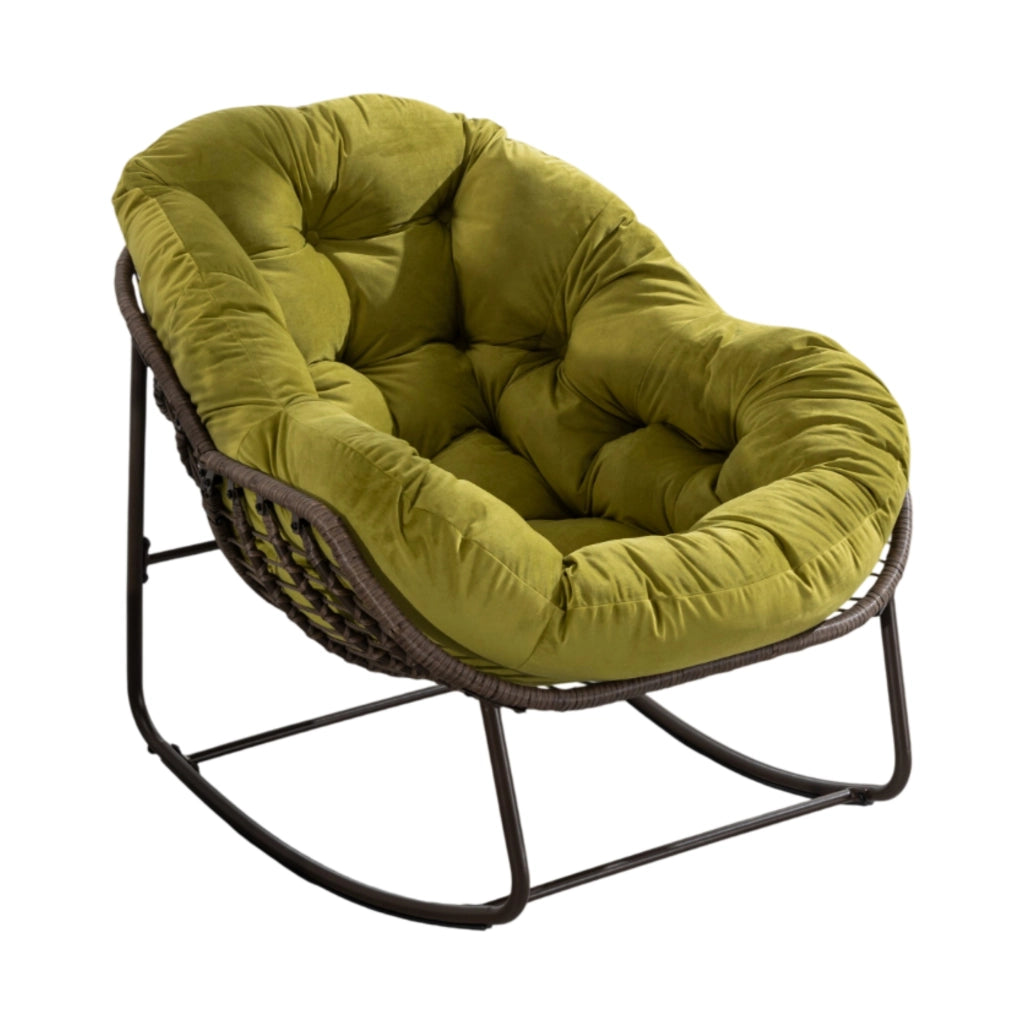 Sedia a dondolo oversize in rattan sintetico e acciaio; 78x106x90 cm; verde oliva