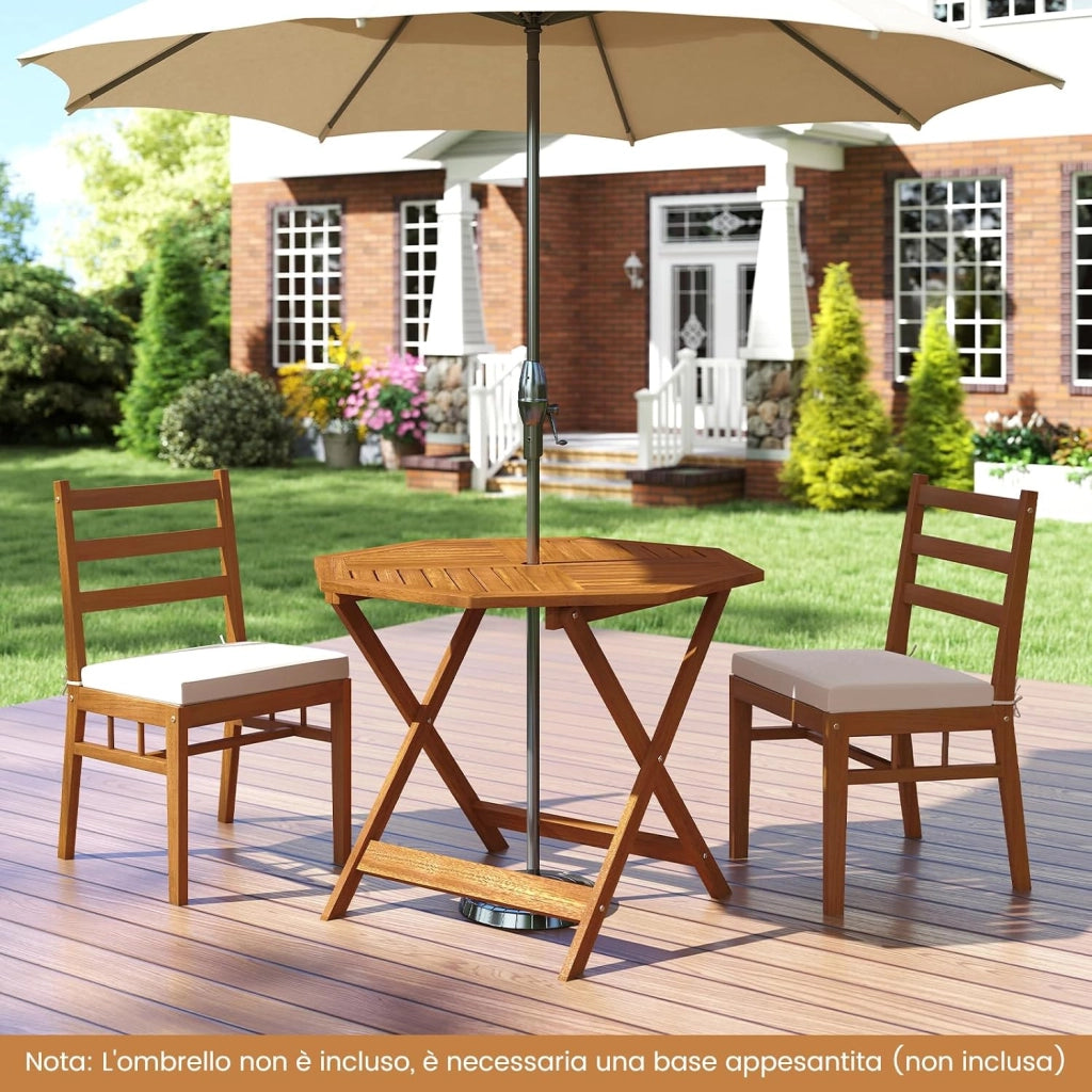 Tavolino da Giardino con Foro per Ombrellone da 5 cm, Tavolino da Caffè in Legno Massello con Struttura a Forma di X Robusta per Patio, Cortile e Bordo Piscina, 90 x 90 x 72 cm